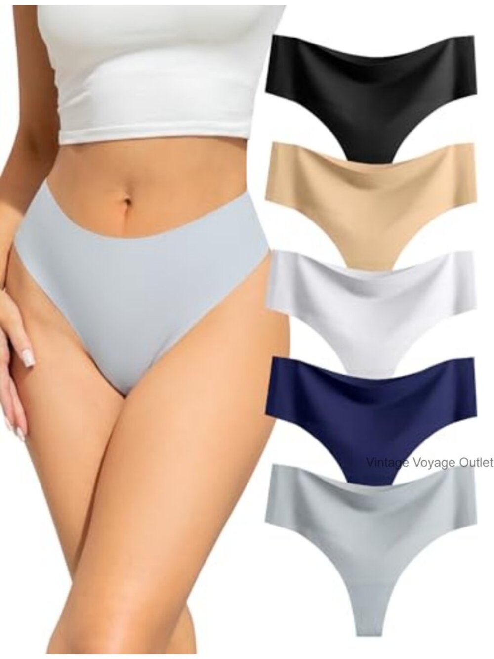 voenxe Seamless Thongs High Waisted No Show Nylon Spandex Panties 5 Pack